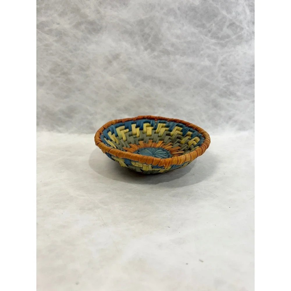 Miniature Handwoven Coiled Basket Bowl Multi‎ Color Boho Decorative Small 4 Inch